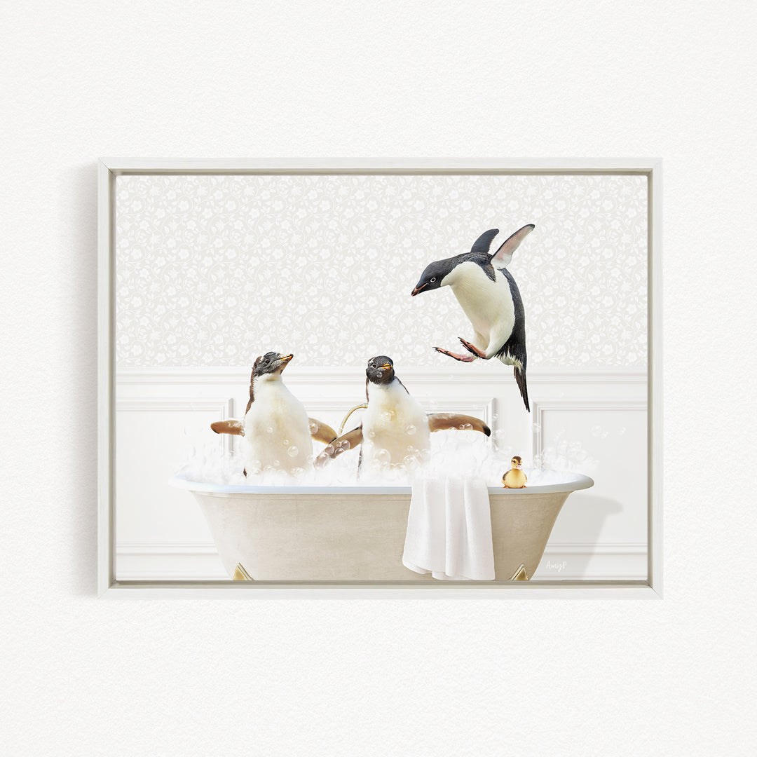 A framed image depicting three penguins sitting in a bathtub, with one penguin flying out of the tub.