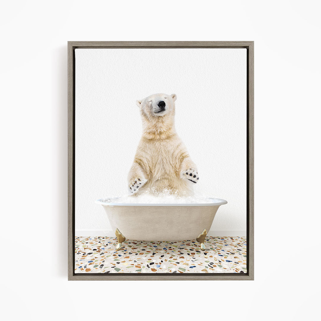 A polar bear standing in a bathtub filled with water, with its paws raised in the air.