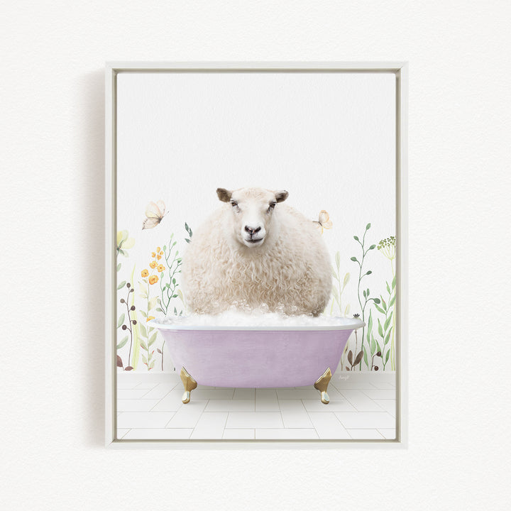 A fluffy white sheep sits in a purple bathtub, surrounded by flowers and plants, creating a whimsical and charming scene.