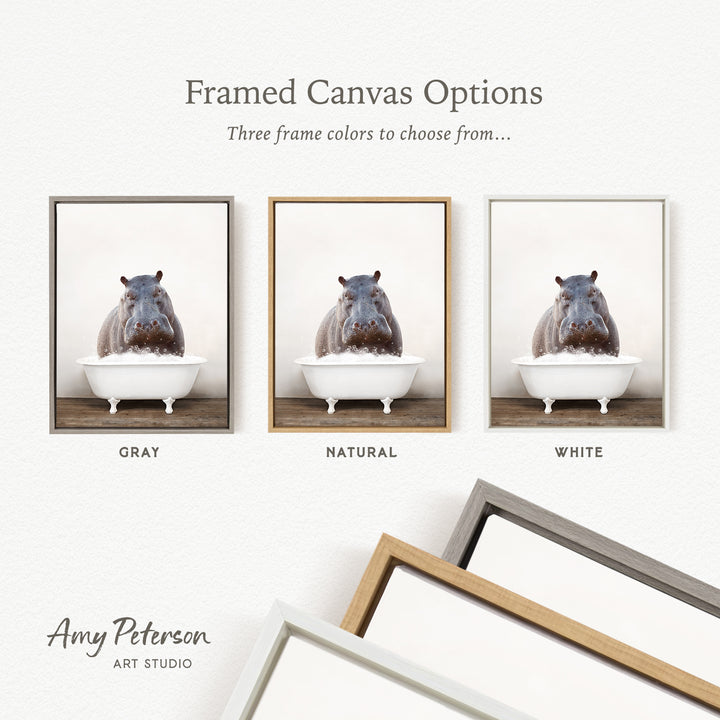 three framed canvas options, each featuring a photograph of a hippopotamus in a bathtub. The options include a gray frame, a natural frame, and a white frame.