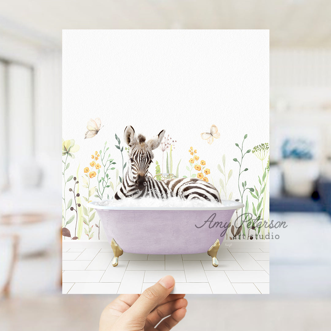 a person holding up a card with a zebra in a bathtub