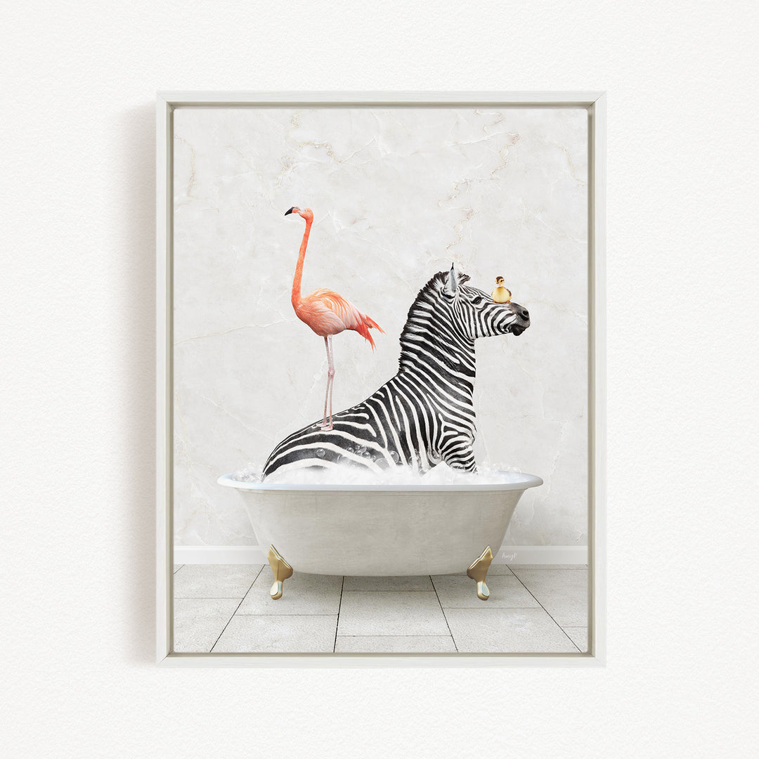 A zebra is sitting in a bathtub, surrounded by a pink flamingo and a bird, creating a whimsical and surreal scene.