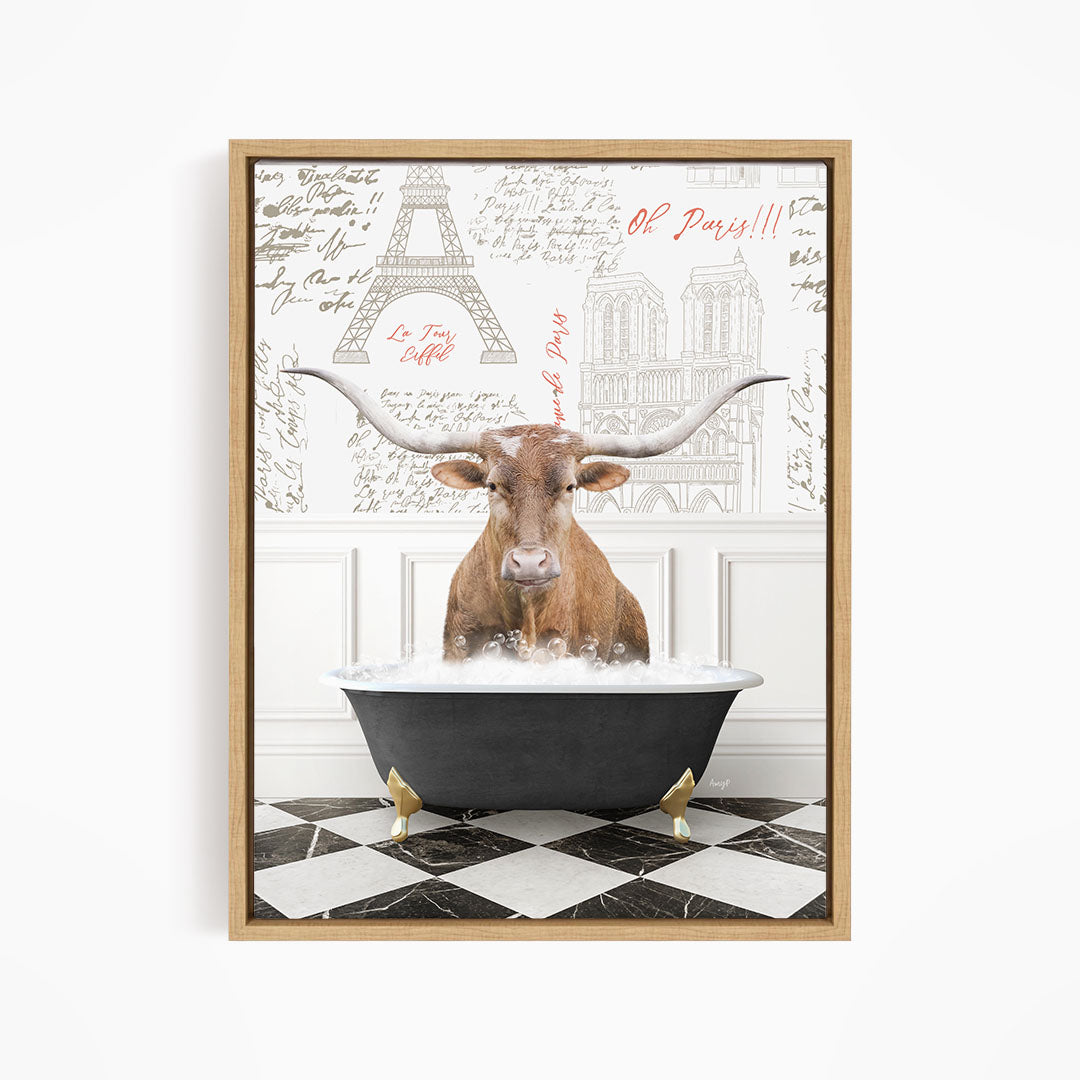 A brown cow with large horns is sitting in a bathtub filled with water, surrounded by a checkered floor and a wall with the Eiffel Tower and other Parisian landmarks.