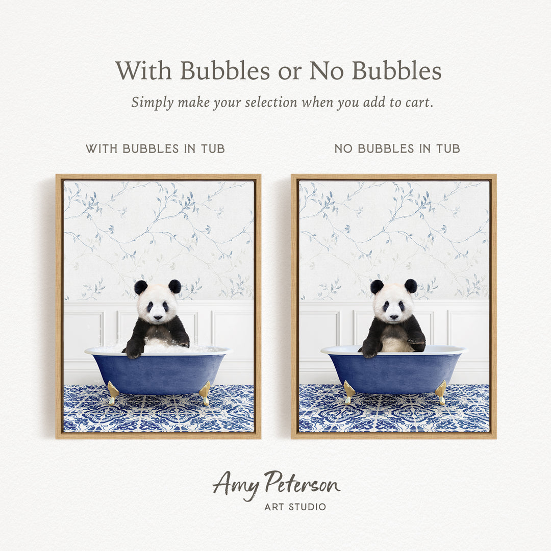 The image is a collage of two framed pictures, each depicting a panda bear sitting in a blue bathtub. The panda bear is sitting on a blue and white patterned mat. The text above the images reads "With Bubbles or No Bubbles Simply make your selection when you add to cart." The text below the images reads "WITH BUBBLES IN TUB" and "NO BUBBLES IN TUB."