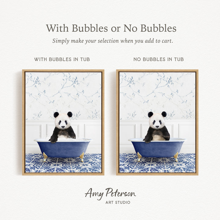 The image is a collage of two framed pictures, each depicting a panda bear sitting in a blue bathtub. The panda bear is sitting on a blue and white patterned mat. The text above the images reads "With Bubbles or No Bubbles Simply make your selection when you add to cart." The text below the images reads "WITH BUBBLES IN TUB" and "NO BUBBLES IN TUB."