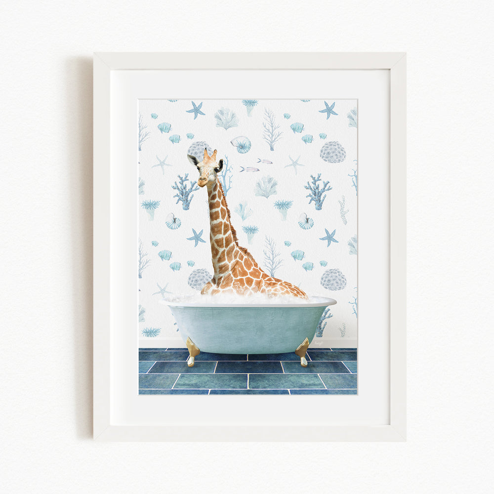 A giraffe is sitting in a bathtub filled with bubbles, surrounded by a blue and white patterned wall.