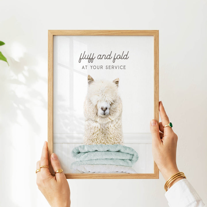 A person's hands are holding a framed picture of a fluffy white alpaca with folded towels underneath it.