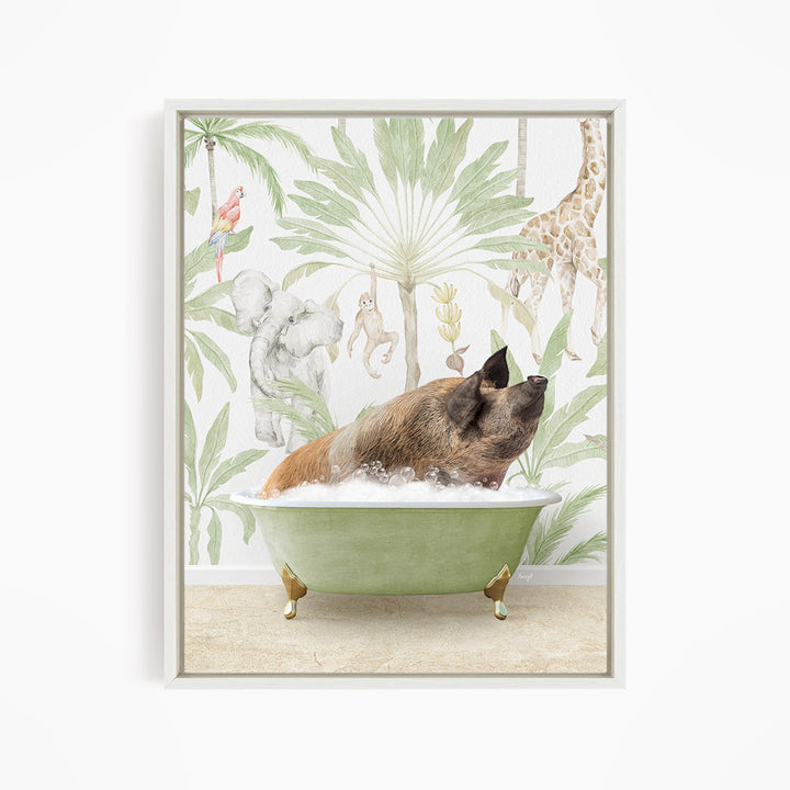 A pig is sitting in a green bathtub filled with water, surrounded by various animals such as a giraffe, parrot, and monkey, all set against a tropical jungle backdrop.