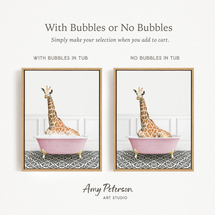 The image is a collage of two framed pictures, each depicting a giraffe sitting in a pink bathtub. The text above the images reads "With Bubbles or No Bubbles" and below the images, it says "Simply make your selection when you add to cart."