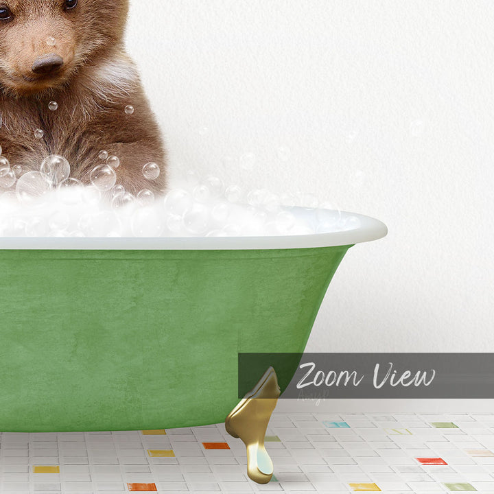 A small brown bear is sitting in a green bathtub filled with bubbles, creating a playful and whimsical scene.