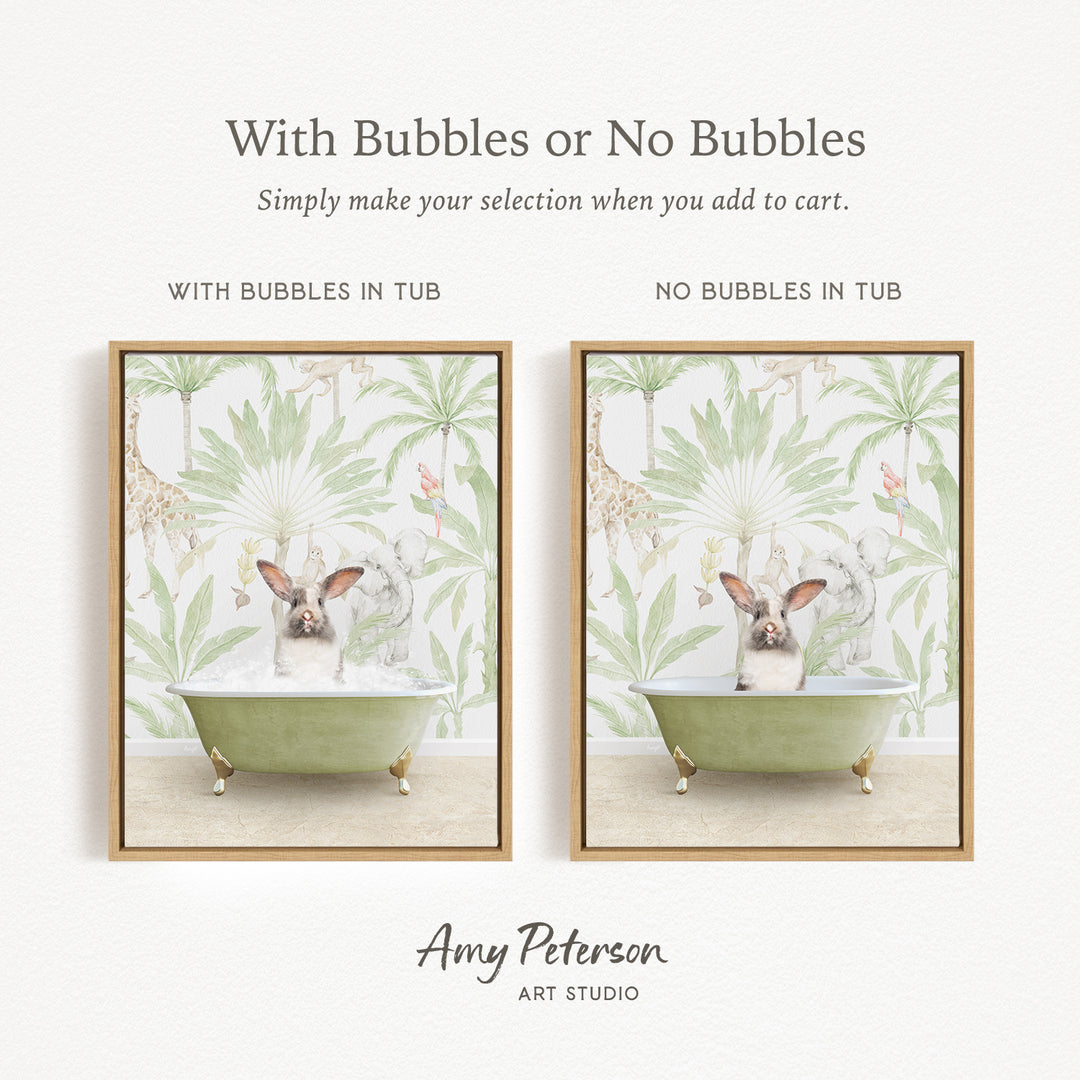 The image is a collage of two framed pictures, each depicting a cat sitting in a bathtub. The cat appears to be enjoying a relaxing bath, surrounded by a tropical plant backdrop. The collage is titled "With Bubbles or No Bubbles" and is created by Amy Peterson from Art Studio.