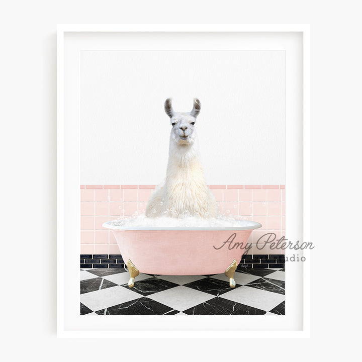 a llama in a bathtub with a pink tile wall