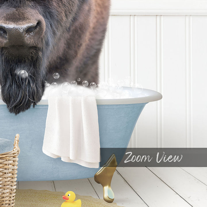 A close-up of a dog's face in a bathtub, with bubbles and a towel, and a yellow rubber duck nearby.