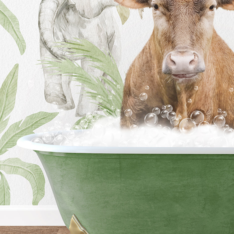 a cow is sitting in a bathtub with bubbles