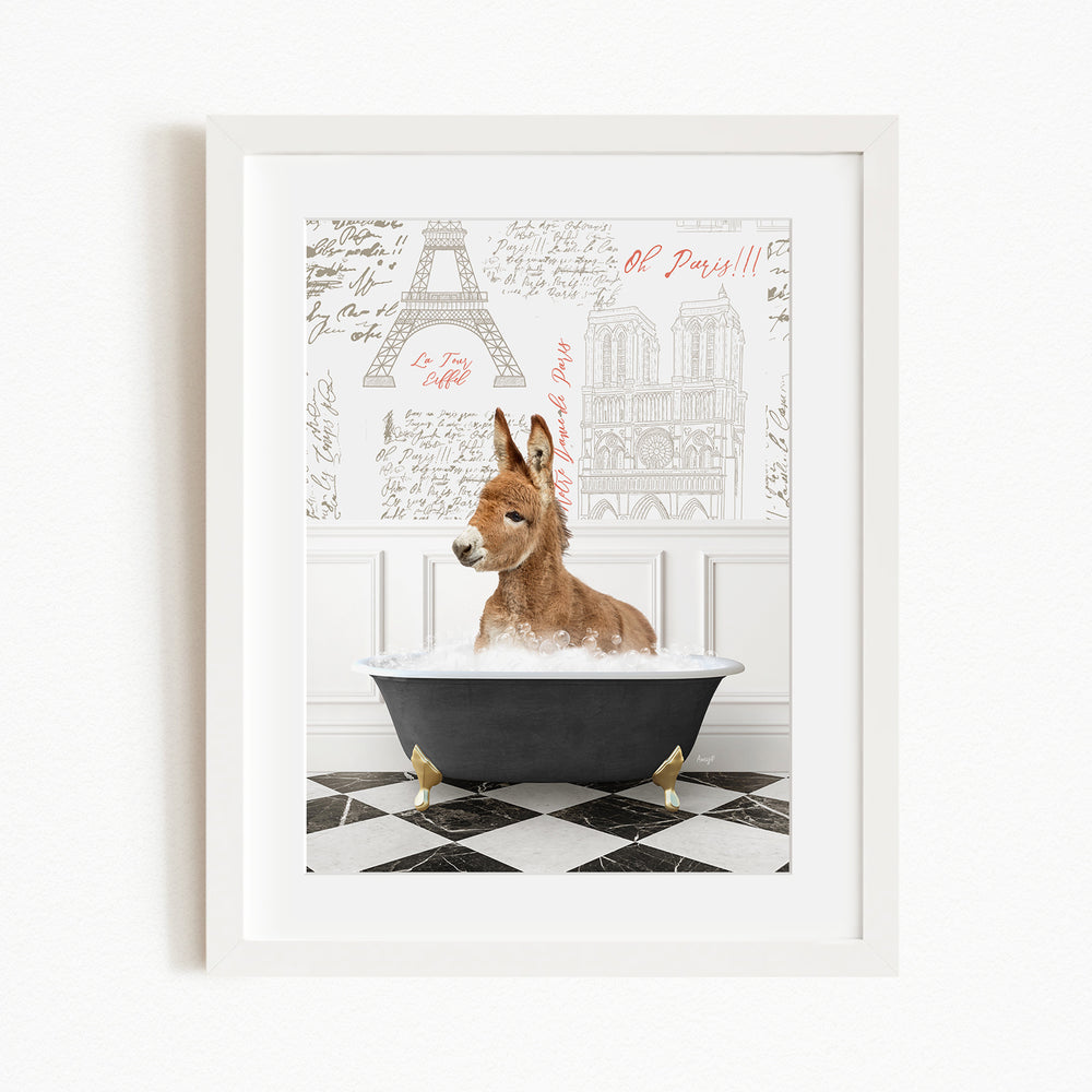 A donkey is sitting in a bathtub filled with water, surrounded by a Paris-themed background with the Eiffel Tower and other landmarks.