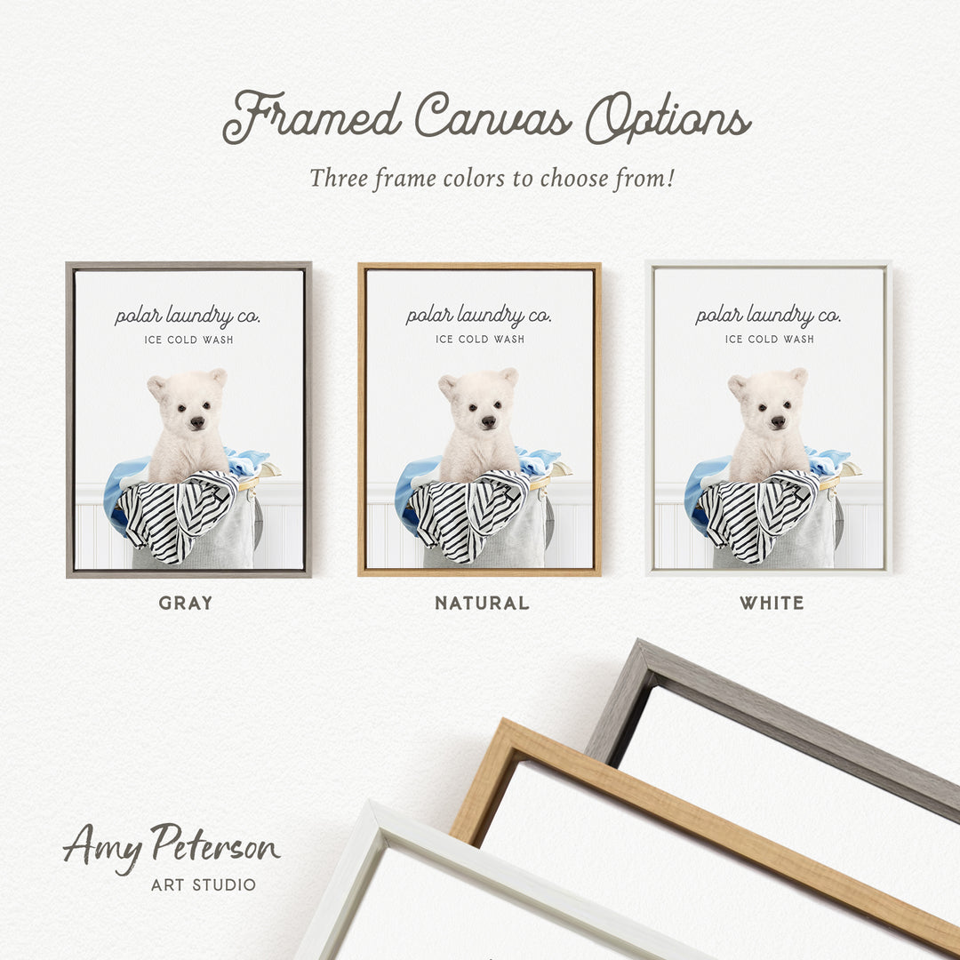 three framed canvas options for a polar laundry co. The options include a gray, natural, and white frame, each with a different color and style.