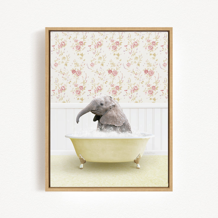 A baby elephant sitting in a bathtub filled with water, surrounded by a floral wallpaper.