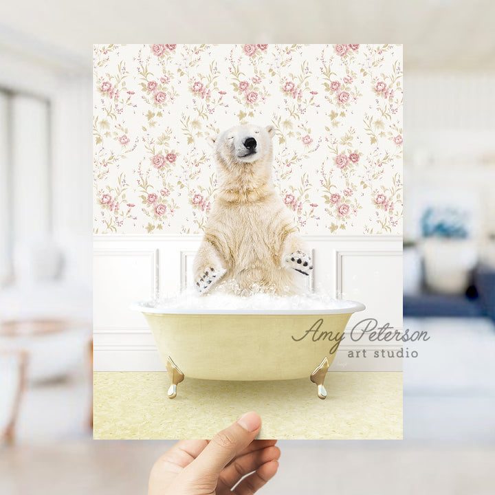 a polar bear sitting in a bath tub