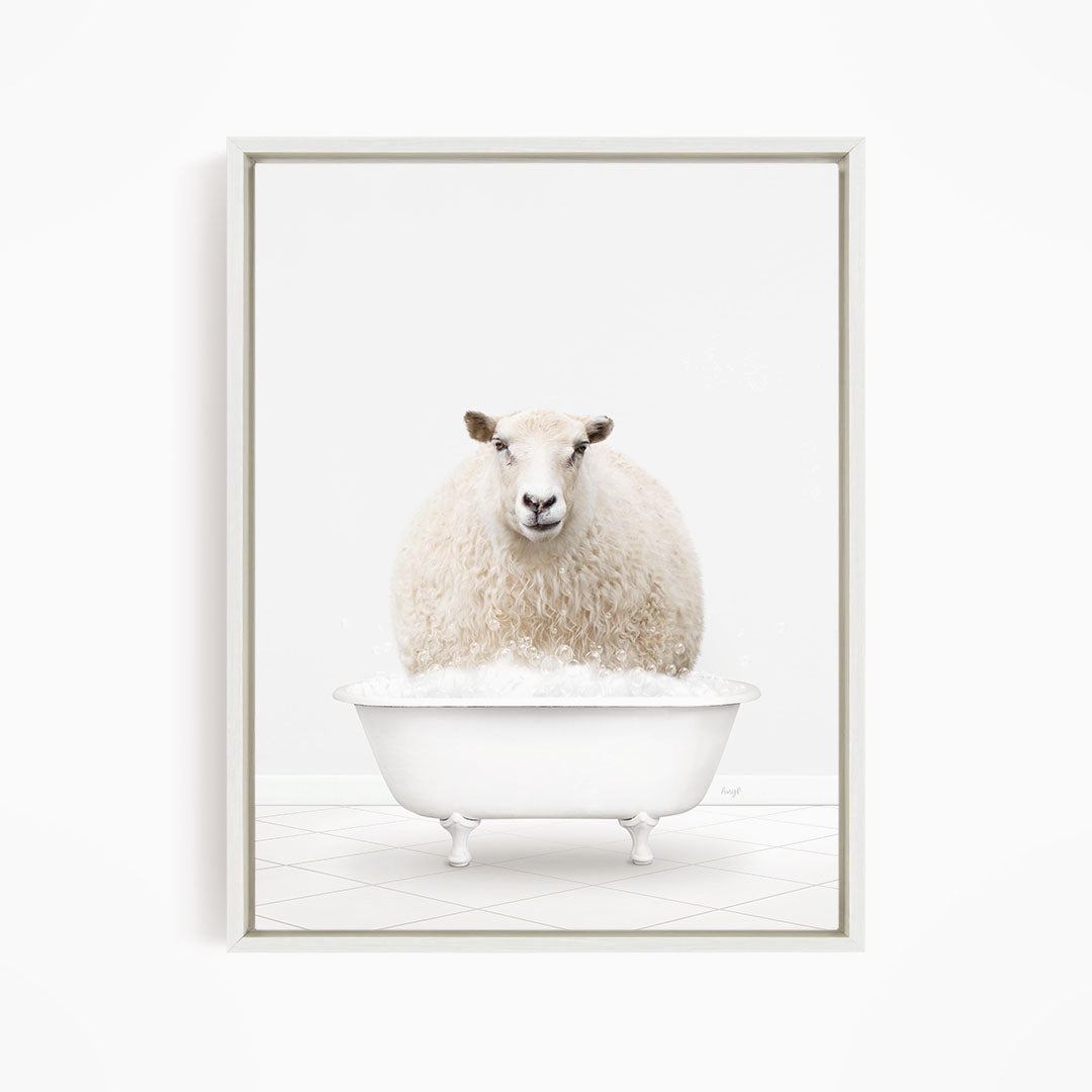 A fluffy white sheep sits in a white bathtub filled with bubbles, looking directly at the camera.