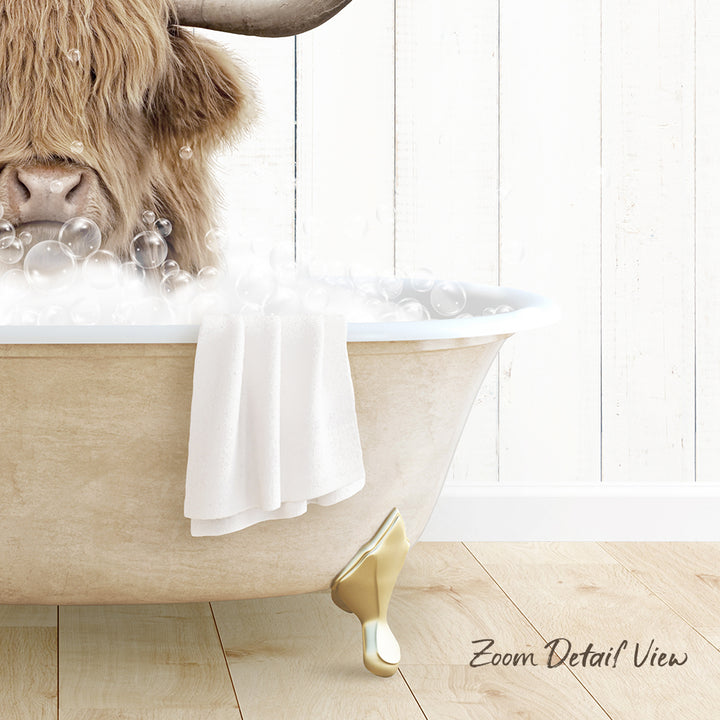 A large, furry animal, possibly a yak or a bison, is sitting in a bathtub filled with bubbles, with a towel and a gold claw visible.