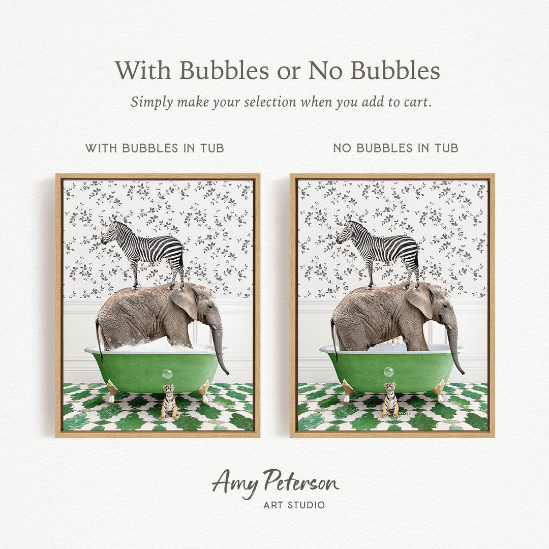 The image is a collage of two framed pictures. In one picture, a zebra is standing on an elephant's back while the elephant is in a green bathtub. In the other picture, a zebra is standing on an elephant's back while the elephant is in a green bathtub. The collage does not contain any text, and the images depict animals in bathtubs.