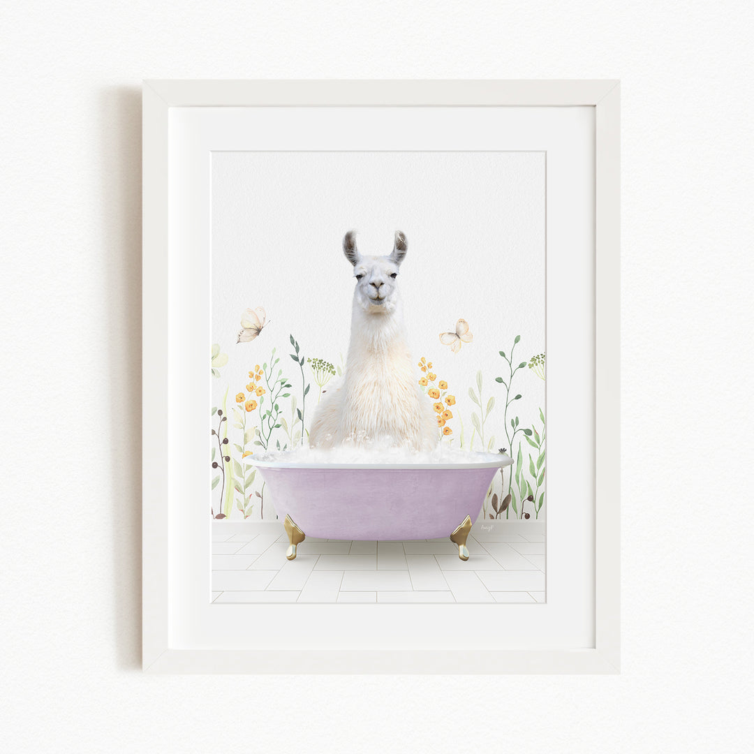 A white llama sitting in a purple bathtub filled with bubbles, surrounded by flowers and butterflies.