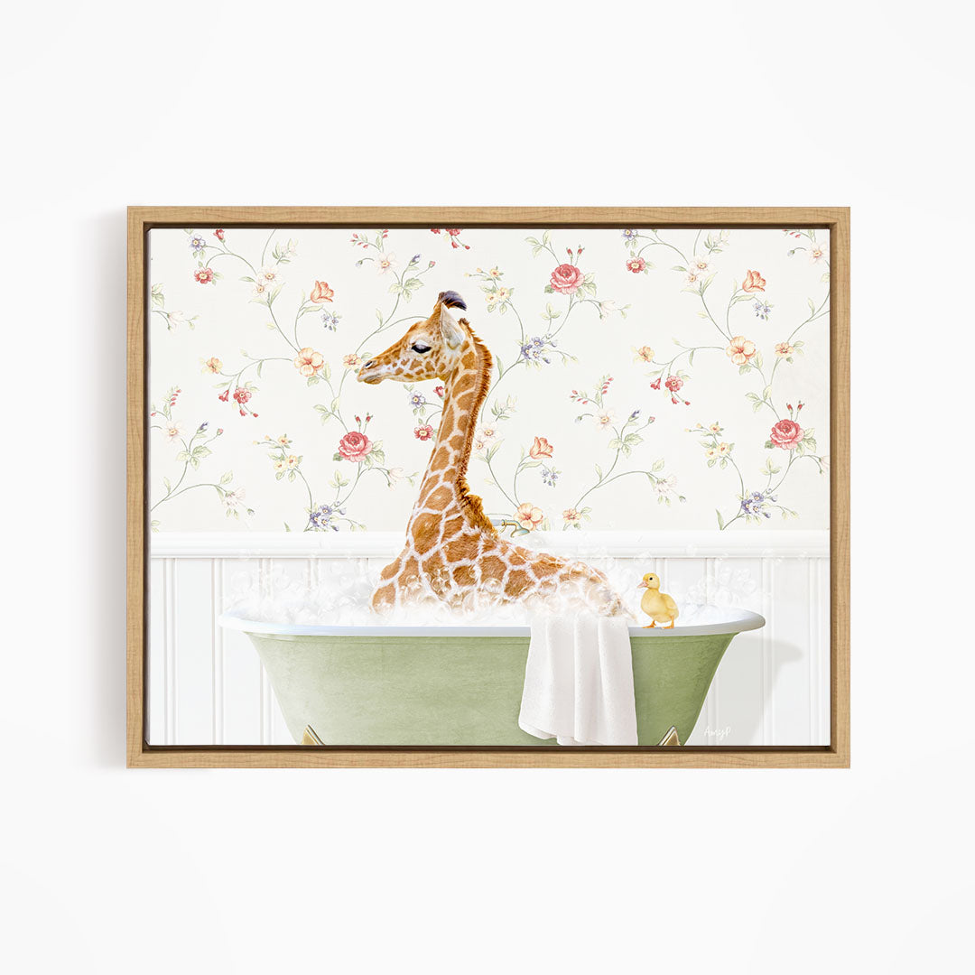 A giraffe sitting in a green bathtub, surrounded by a floral wallpaper and a yellow duck.