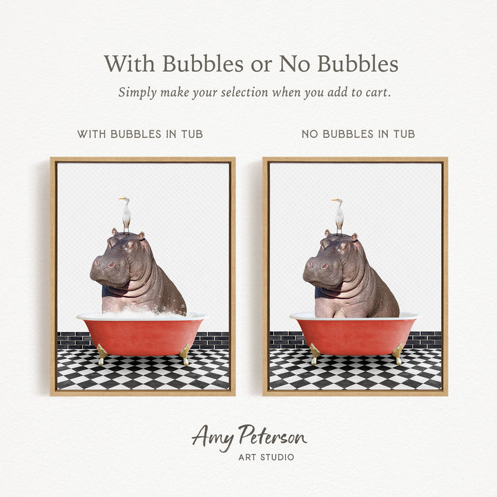 The image is a collage of two framed pictures, each featuring a hippopotamus sitting in a bathtub. The text above the images reads "With Bubbles or No Bubbles" and below the images, it says "Simply make your selection when you add to cart."