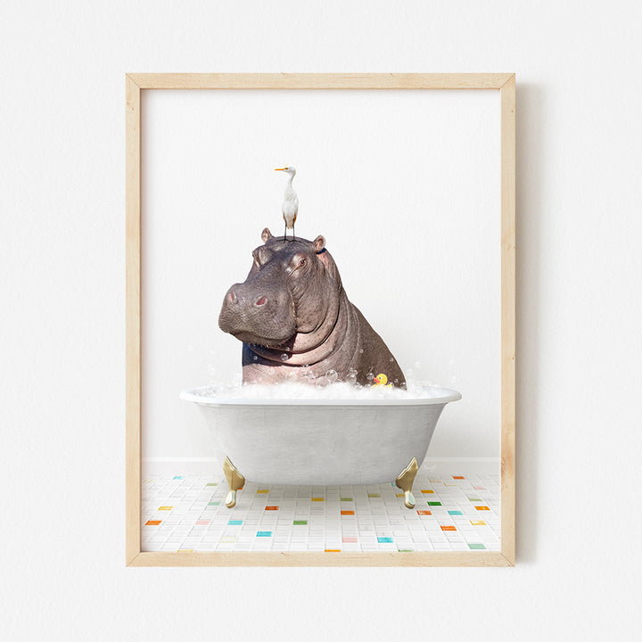 a hippo in a bathtub with a bird on top of it