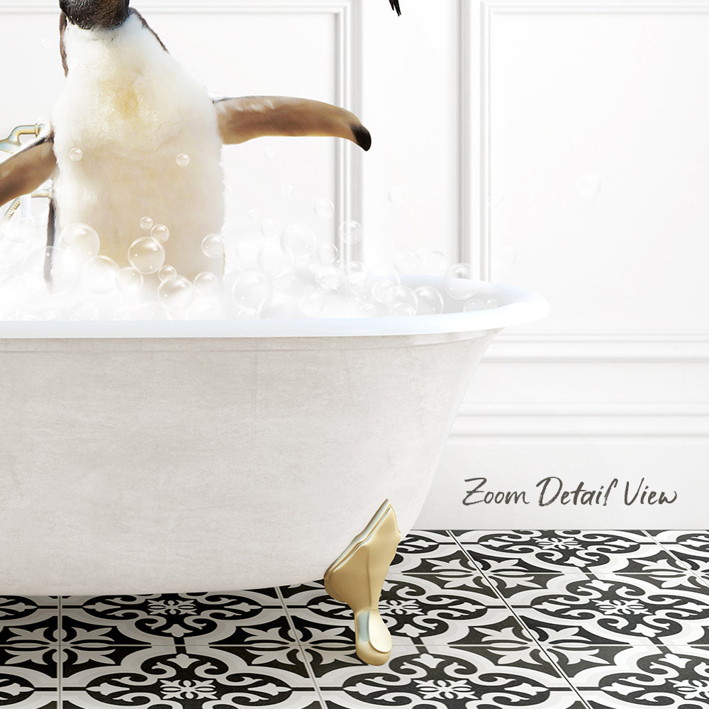 A penguin standing in a bathtub filled with bubbles, with a black and white patterned floor in the background.