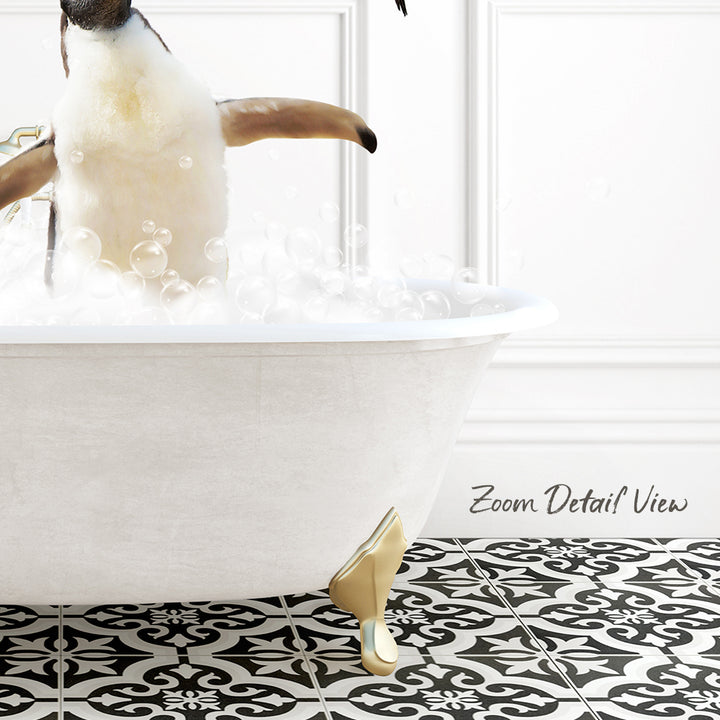 A penguin standing in a bathtub filled with bubbles, with a black and white patterned floor in the background.