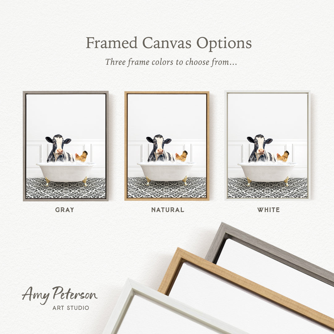 three framed canvas options, each featuring a cow sitting in a bathtub with a chicken. The options include a gray frame, a natural frame, and a white frame.