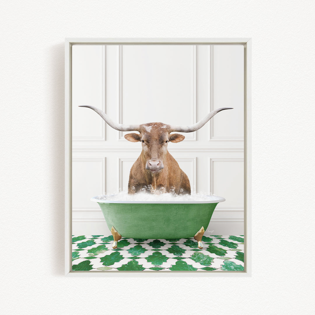 A brown bull with large horns is sitting in a green bathtub filled with water, creating a whimsical and playful scene.