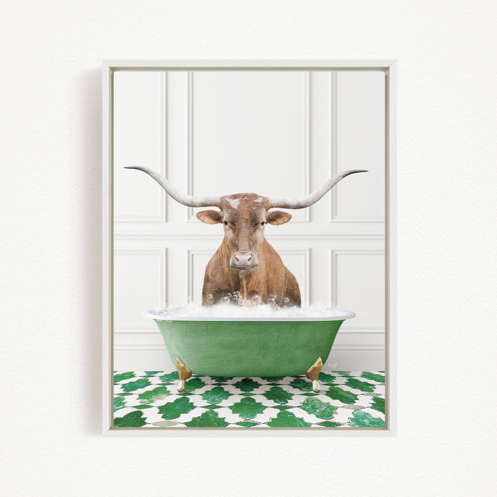 A brown bull with large horns is sitting in a green bathtub filled with water, creating a whimsical and playful scene.