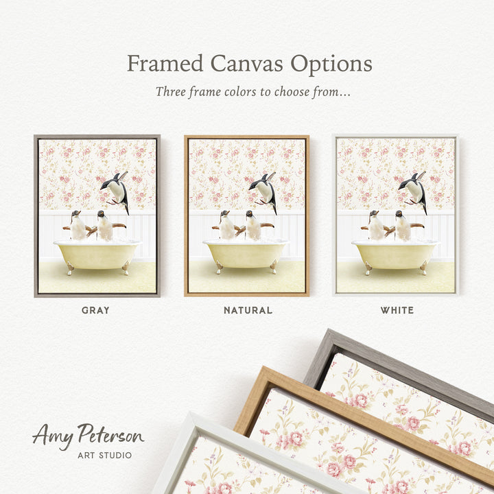 The image is a framed canvas option showcasing three different framed canvas options for a painting depicting penguins in a bathtub.