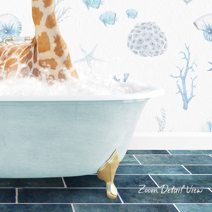 A giraffe standing in a bathtub filled with bubbles, surrounded by a blue and white ocean-themed wallpaper.