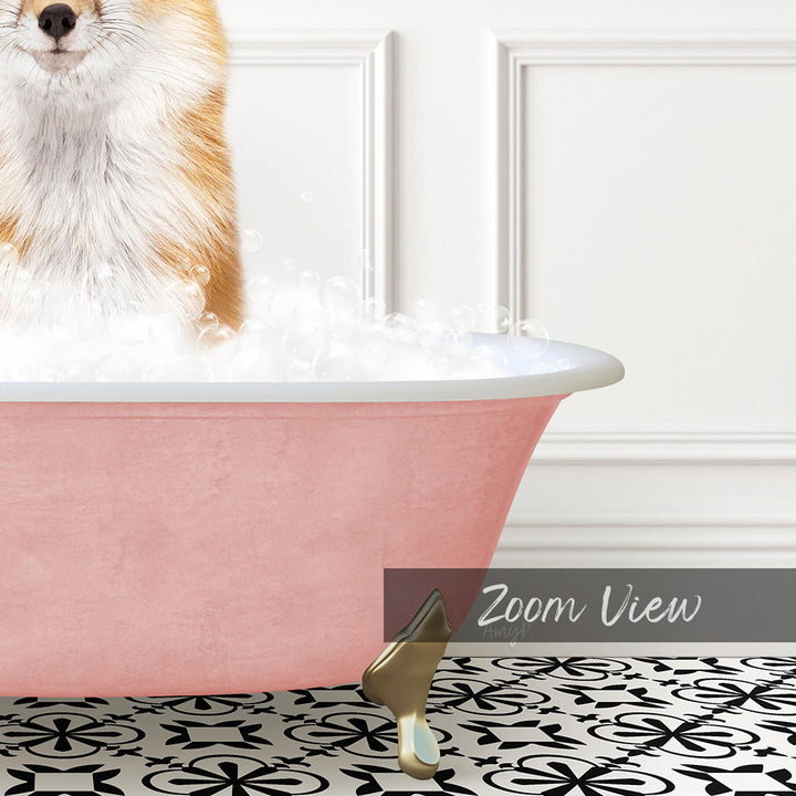 A pink bathtub filled with bubbles, with a cat sitting inside and enjoying the bath.