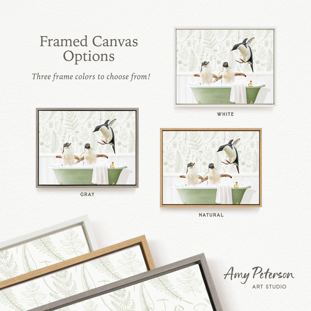 three framed canvas options, each featuring a different color and frame style. The options include a white frame, a gray frame, and a natural frame. The text above the options reads " framed Canvas Options" and "Three frame colors to choose from!".