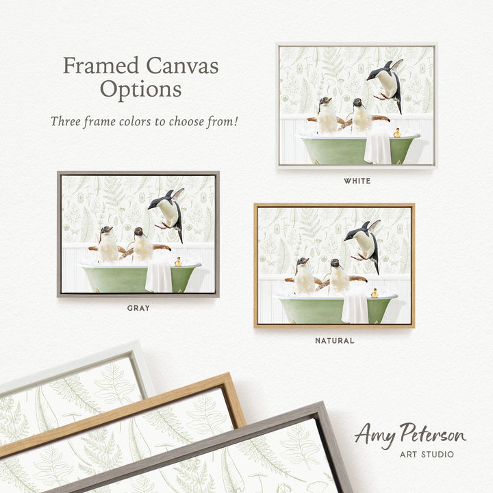 three framed canvas options, each featuring a different color and frame style. The options include a white frame, a gray frame, and a natural frame. The text above the options reads " framed Canvas Options" and "Three frame colors to choose from!".