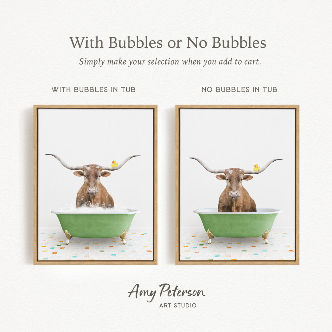 The image is a collage of two framed pictures, each depicting a bull with horns in a bathtub. The bull in the green tub has a yellow rubber duck attached to its horn, while the bull in the tub without a rubber duck has a yellow rubber duck attached to its horn. The collage is titled "With Bubbles or No Bubbles" and is created by Amy Peterson from Art Studio.