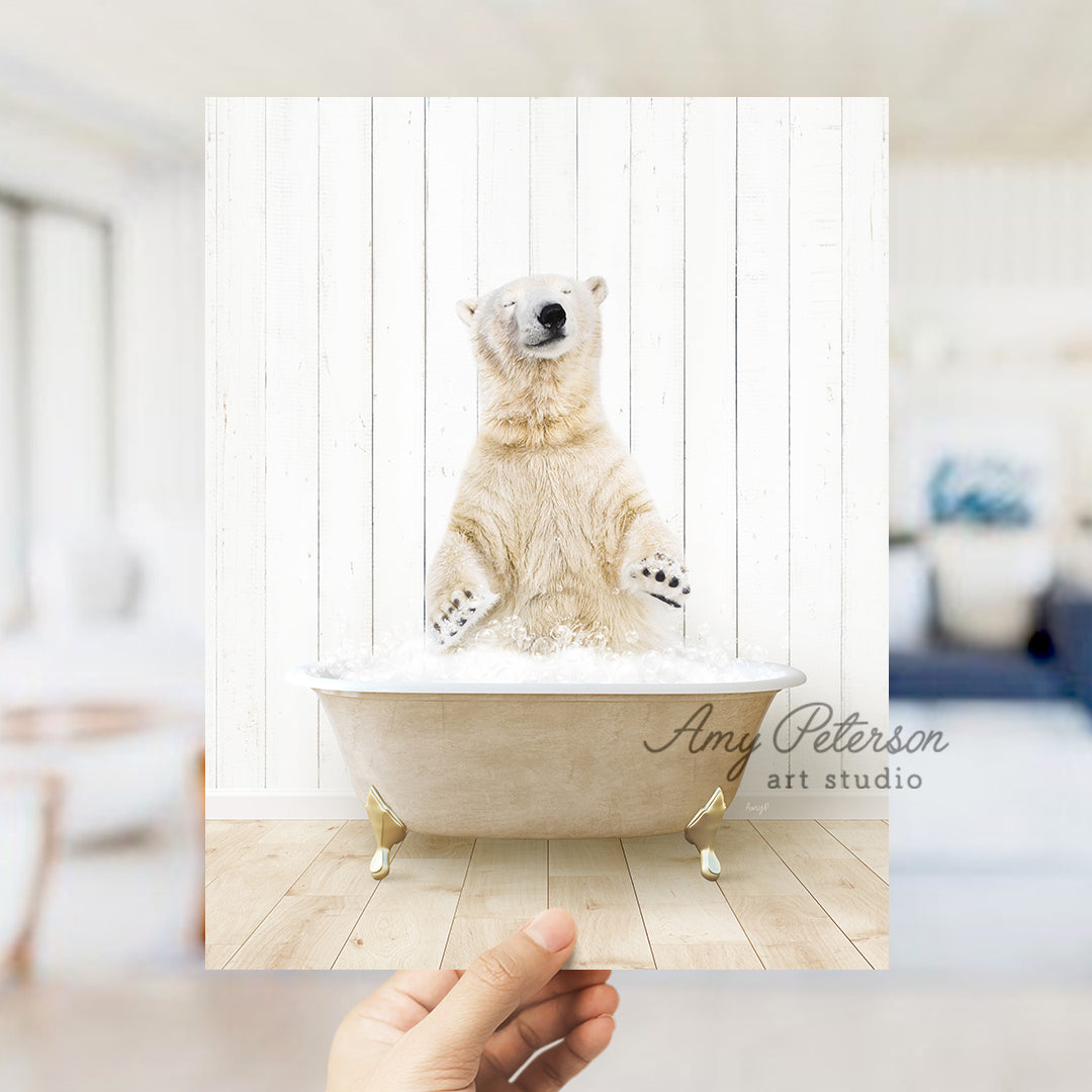 a polar bear sitting in a bath tub