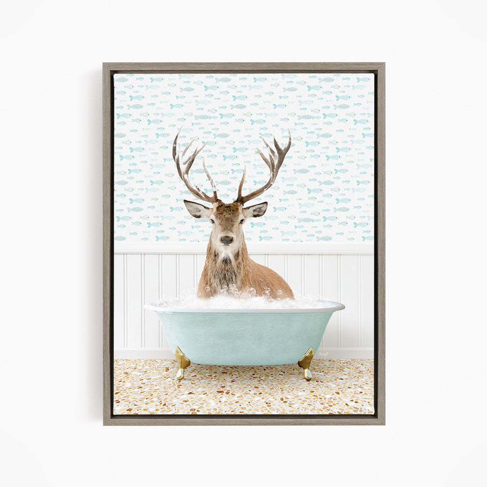 A deer with antlers is sitting in a bathtub filled with water, surrounded by a pattern of fish.