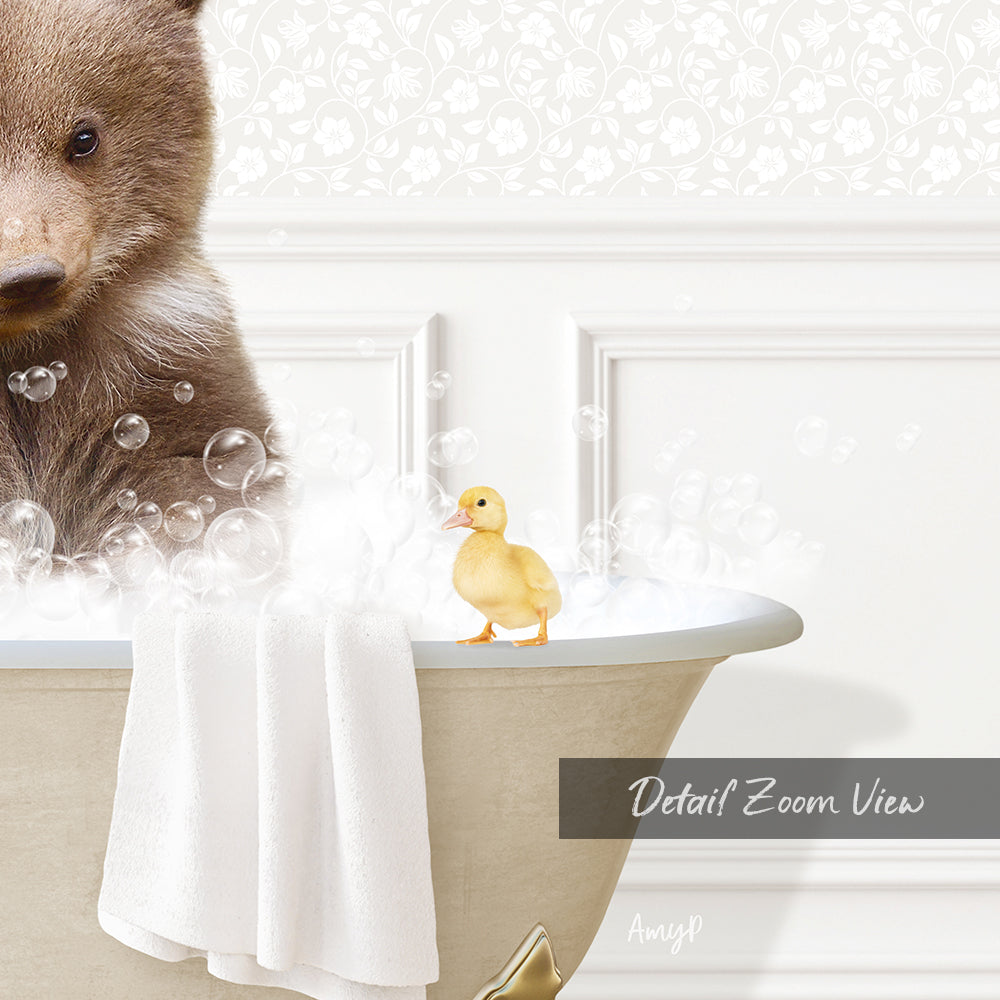 A brown bear is sitting in a bathtub filled with bubbles, with a yellow duck standing on the edge of the tub.