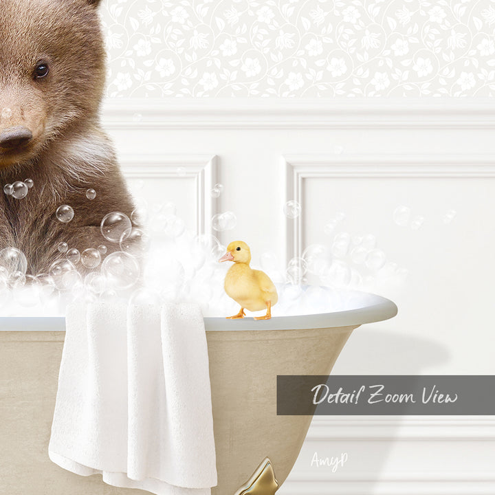 A brown bear is sitting in a bathtub filled with bubbles, with a yellow duck standing on the edge of the tub.