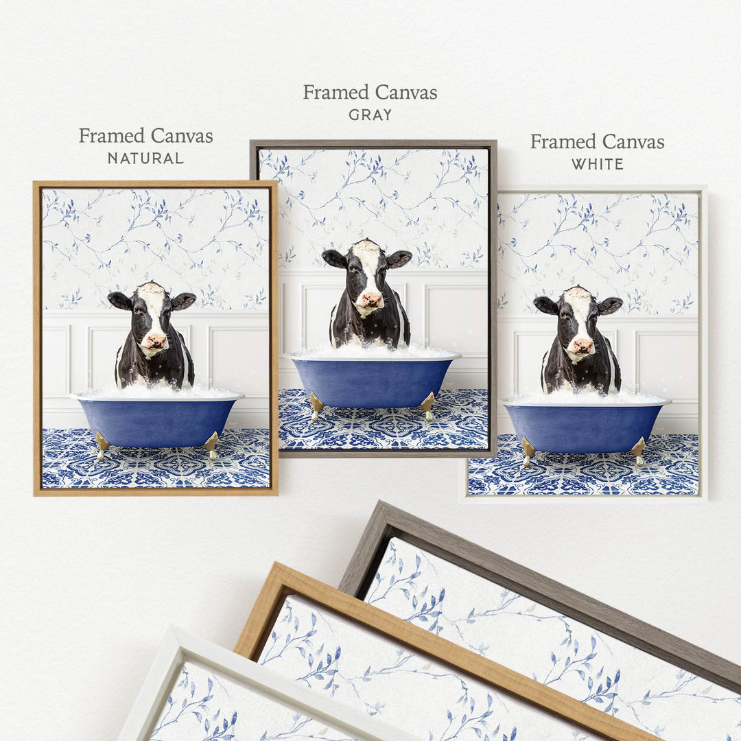 a framed painting of a cow sitting in a blue bathtub, with three different framed canvases of the same image displayed on a wall.