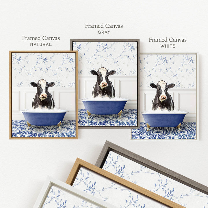 a framed painting of a cow sitting in a blue bathtub, with three different framed canvases of the same image displayed on a wall.