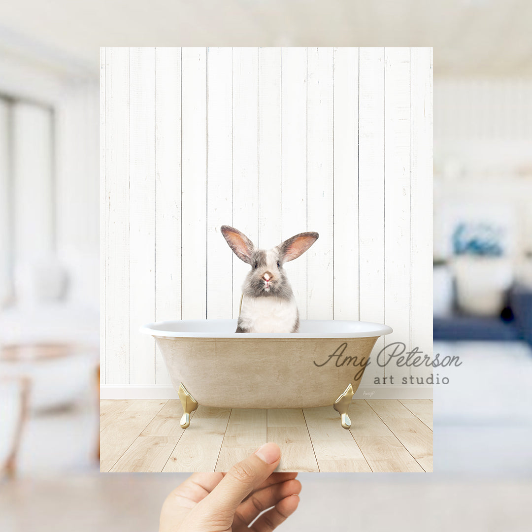 a rabbit sitting in a bathtub in a room