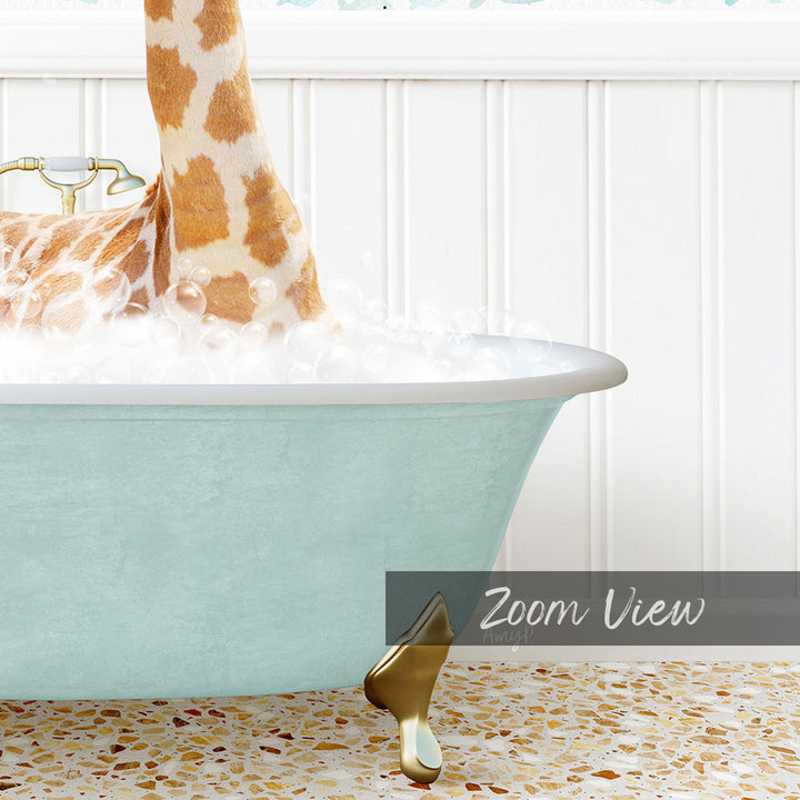A giraffe standing in a light blue bathtub filled with bubbles, with a text overlay that reads "Zoom View".