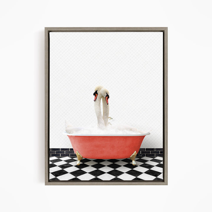 A pair of swans sitting in a red bathtub filled with bubbles, with a black and white checkered floor in the background.