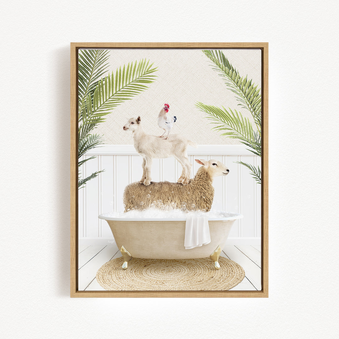 A framed image depicting a goat standing on a sheep in a bathtub, with a rooster perched on the sheep's back, surrounded by palm leaves.